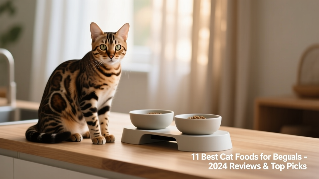 A sleek Bengal cat sitting attentively beside a clean, modern feeding station with two bowls
