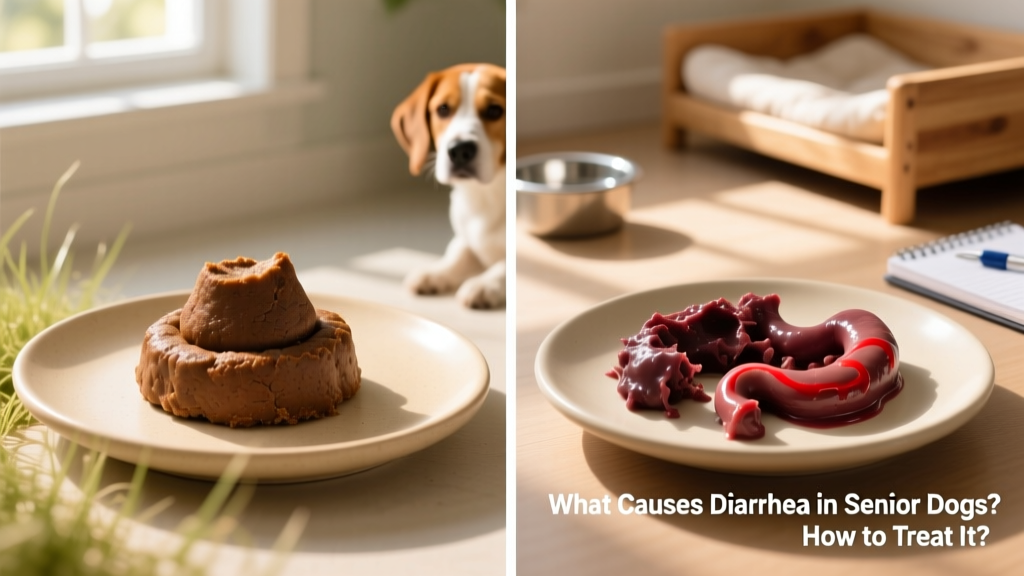 Side-by-side comparison illustration: healthy firm dog stool versus loose, mucus-covered stool with visible red streaks