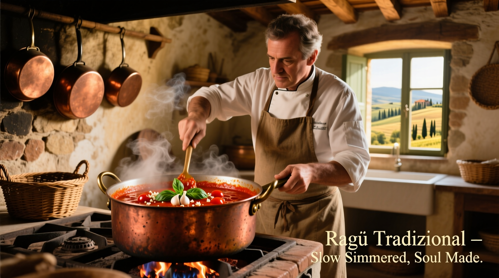 Chef stirring traditional tomato ragu in copper pot