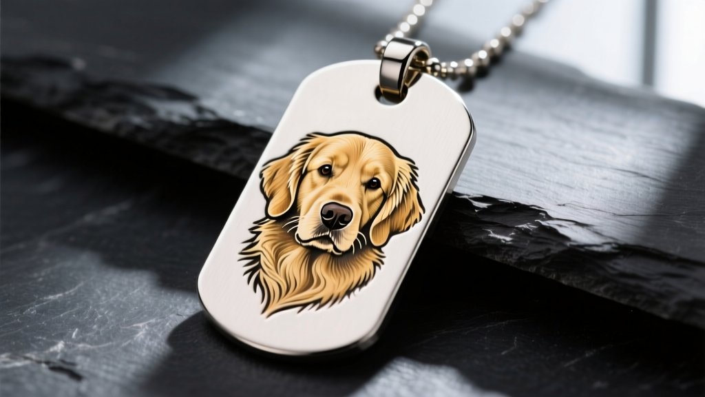 Close-up of a brushed steel dog tag pendant with a laser-engraved portrait of a golden retriever resting on dark slate