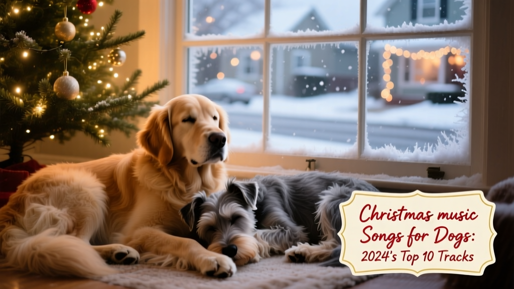 Two dogs napping side-by-side under a softly lit Christmas tree with gentle snowfall visible through a window