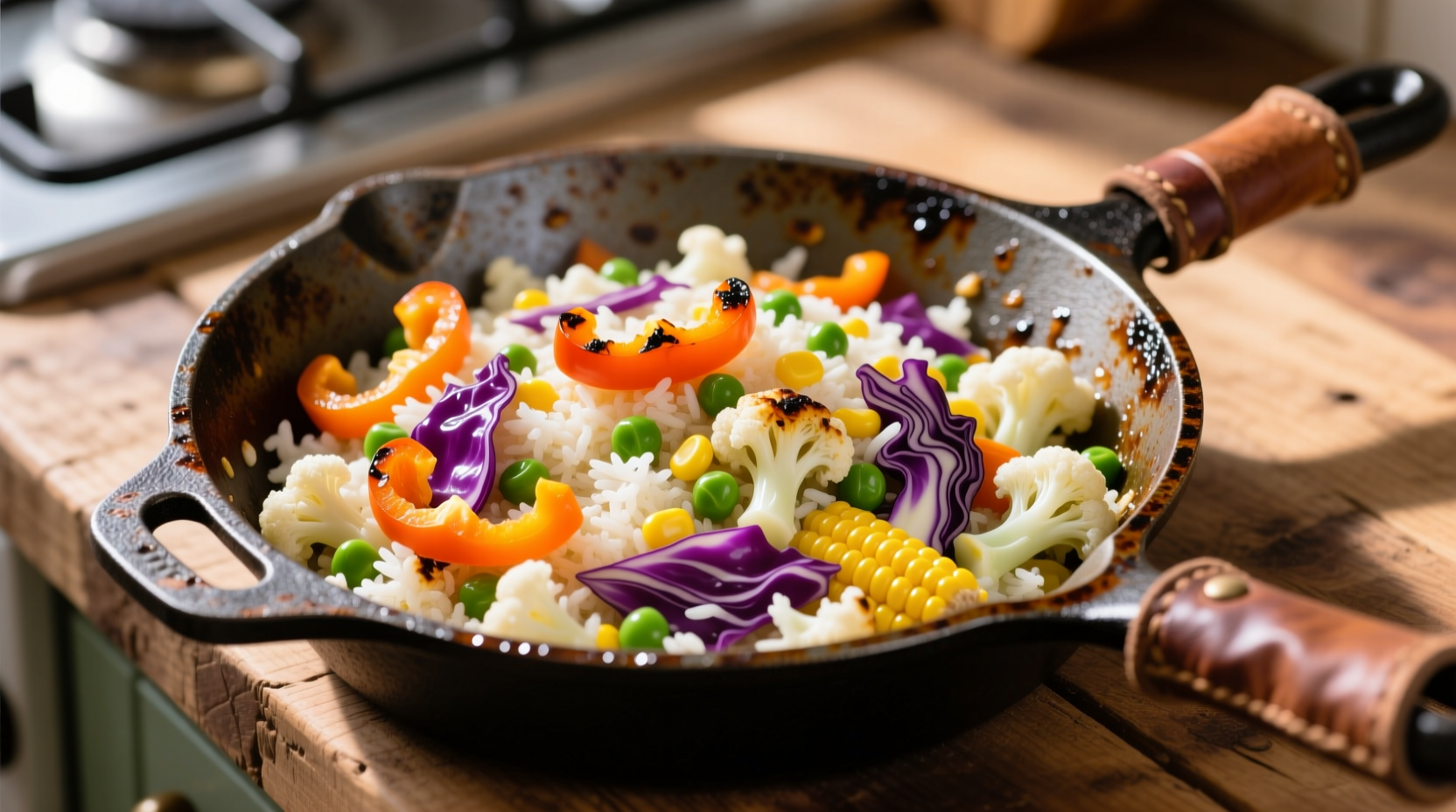 Colorful frozen cauliflower rice stir-fry in cast iron skillet