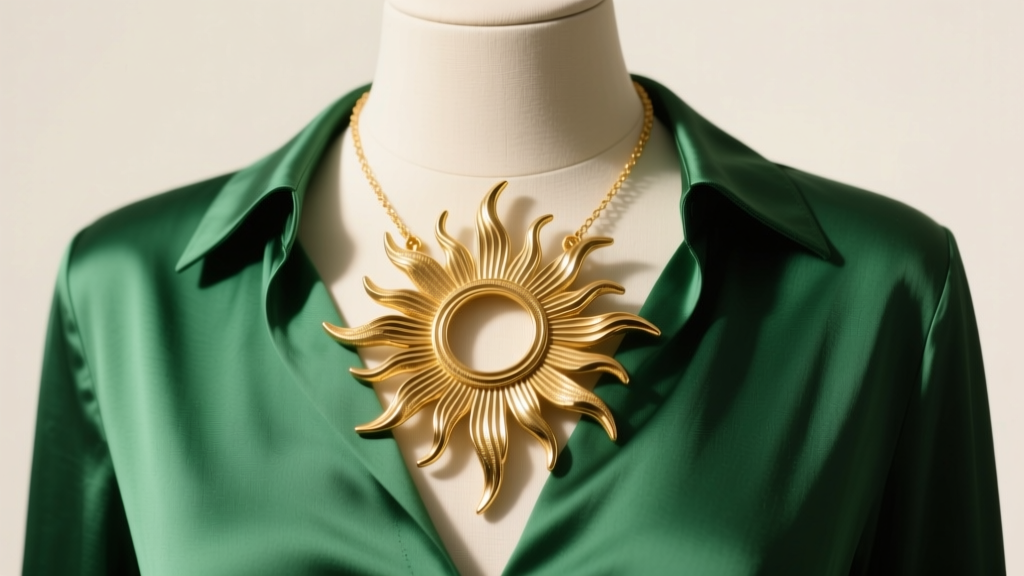 Large gold sunburst pendant necklace on a mannequin wearing a green blouse, studio lighting highlighting the textured metal rays.
