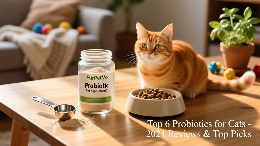 Glass jar of FurPetVo Probiotic Pet Supplement powder next to a measuring scoop and a happy cat sitting beside a food bowl
