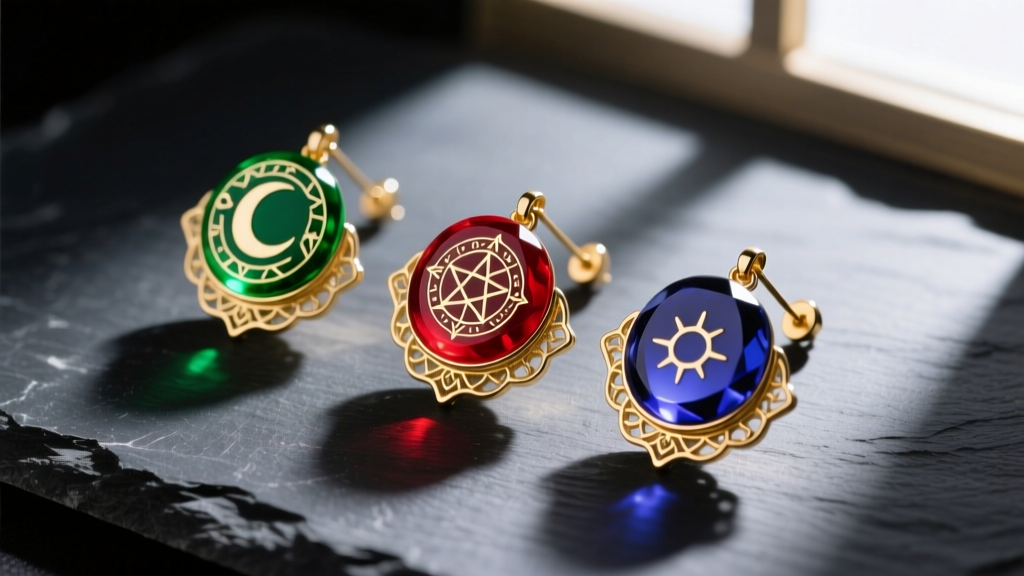 Flat lay of three anime-inspired dandadan earrings featuring occult motifs, carved resin, and gold vermeil on dark slate