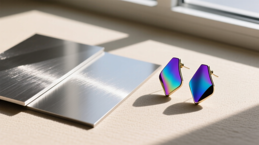 Flat lay of raw niobium and titanium sheets next to anodized uneven earrings, displaying vibrant purple and blue color variations