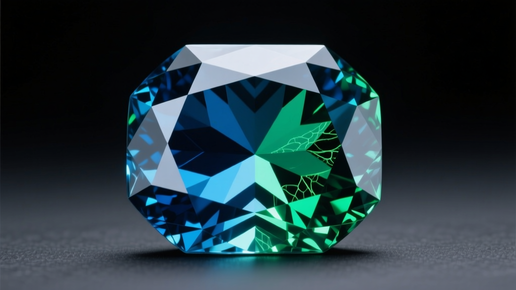 Macro shot of a parti sapphire crystal displaying geometric zoning of deep teal blue and vibrant green hues on dark slate