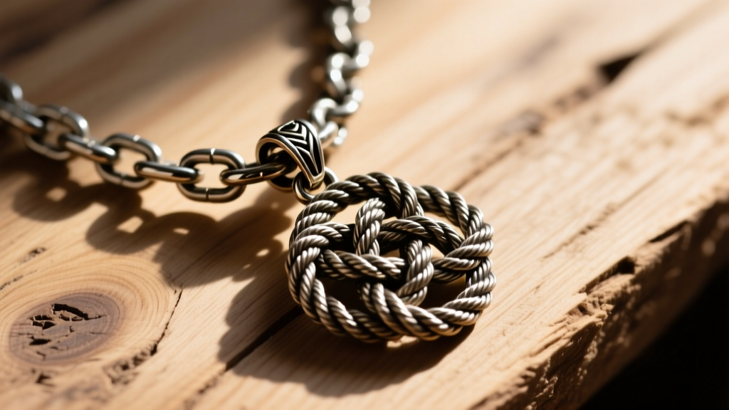 Thick 14-gauge rope chain threaded through a heavy witches knot pendant, secured by a sturdy lobster clasp on wood