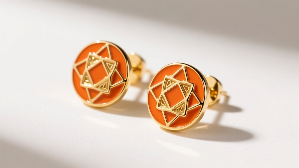 Top-down view of orange enamel stud earrings featuring champleve and guilloche techniques on polished 18k yellow gold settings