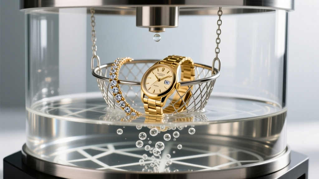 Vintage gold watch and diamond bracelet resting in a steel mesh basket inside a bubbling stainless steel ultrasonic cleaning tank.