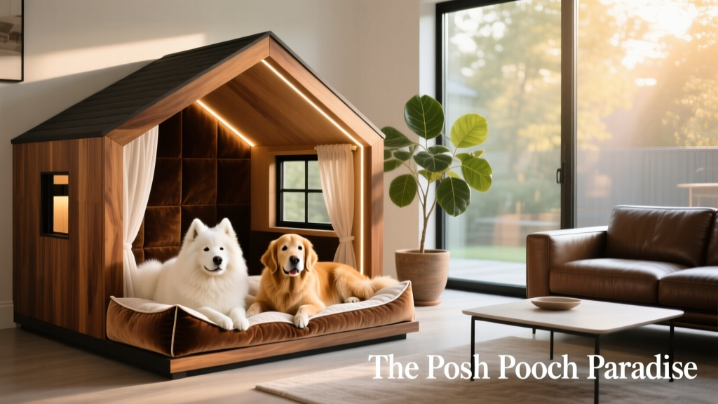 a Samoyed and Golden Retriever relaxing together in a bright, tastefully decorated indoor luxury dog house adjacent to living room furniture