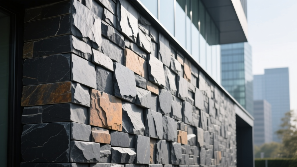 Charcoal dry stacked stone veneer panels interlocking on a modern exterior wall with no visible mortar joints.