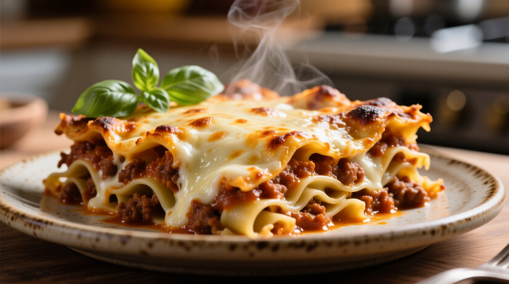 Perfectly baked lasagna with golden edges