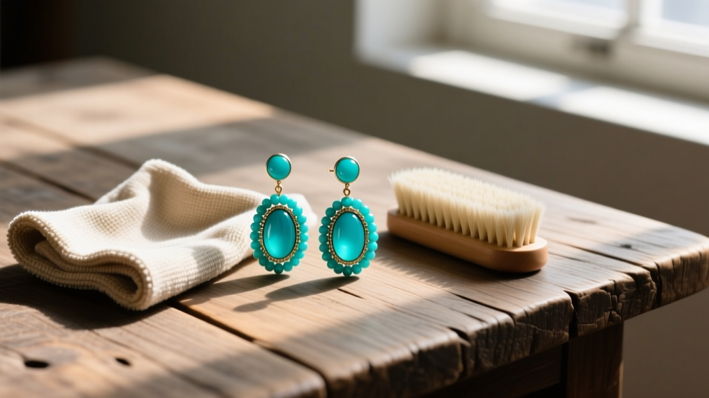 Turquoise beaded dangle earrings beside a dry microfiber cloth and a soft-bristled brush for gentle dusting on a rustic wood table