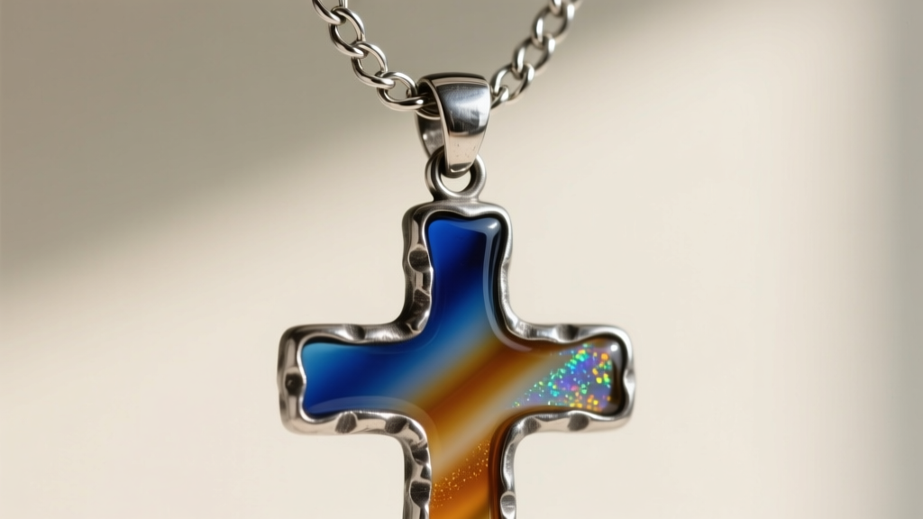 Detail view of a heavy fused glass cross pendant hanging from a thick sterling silver rolo chain with a sturdy soldered jump ring