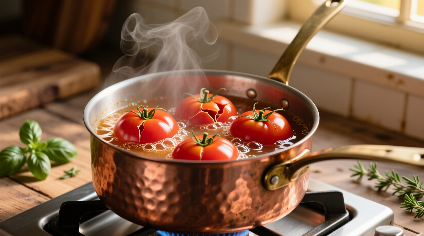 Fresh tomatoes being simmered in copper pot