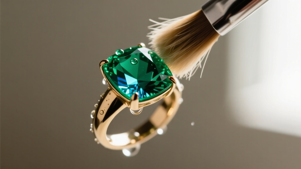 Macro shot of an oil-treated Colombian emerald ring gently cleaned with a soft goat-hair brush and lukewarm distilled water.
