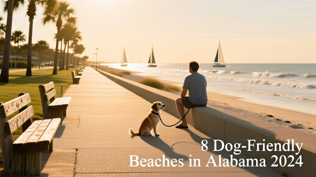 Orange Beach Waterfront Park with a paved boardwalk, palm trees, benches, and a small dog sitting calmly beside its owner near the water