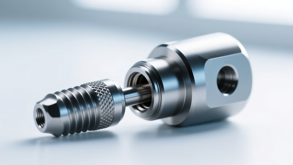 Macro view of a threadless titanium post next to an internally threaded flat back, showing the smooth mechanical joint