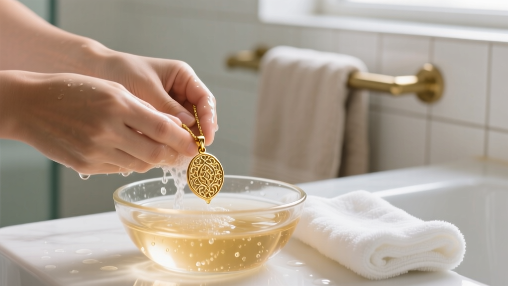 Hands gently washing a gold vermeil pendant necklace in a small glass bowl of warm soapy water using a soft microfiber cloth.