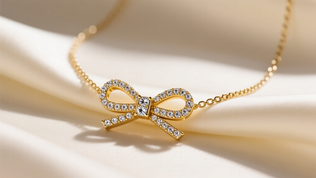 Close-up of a 14k yellow gold Krista bow necklace on cream silk, highlighting micro-pavé diamond loops and a delicate 1mm box chain