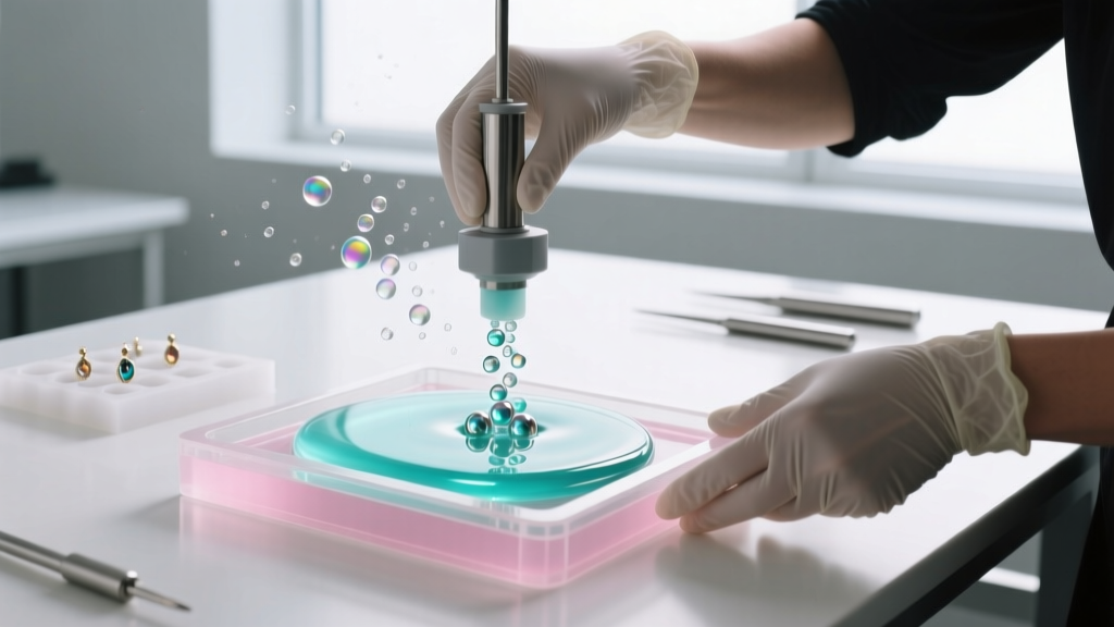 Artisan using a vacuum chamber to extract micro-bubbles from low-viscosity epoxy resin for small silicone earring casting molds.