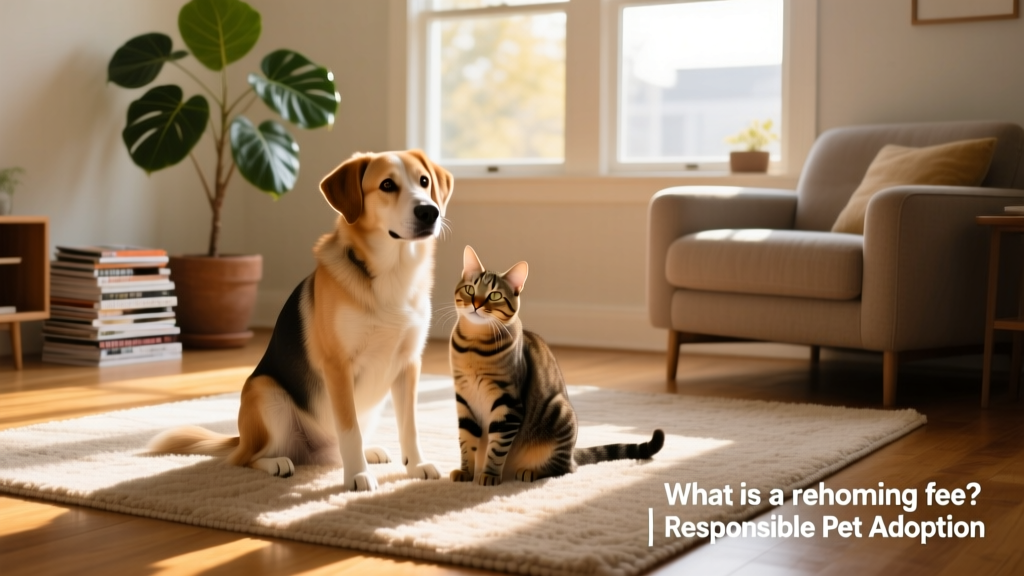 A friendly dog and cat sitting side by side on a sunlit living room rug, symbolizing responsible pet rehoming