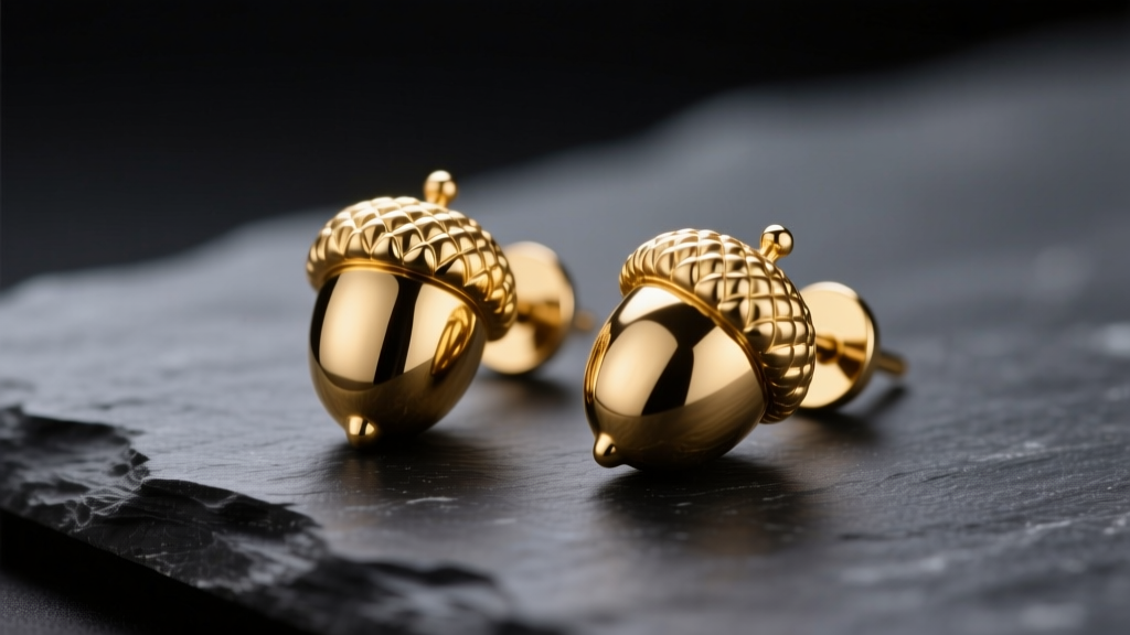 Macro shot of 14k gold acorn stud earrings on dark slate, highlighting textured caps and polished nuts in soft studio light