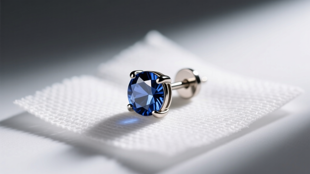 Macro photo of a 20-gauge titanium stud earring with a bezel-set sapphire on sterile gauze under soft clinical lighting.