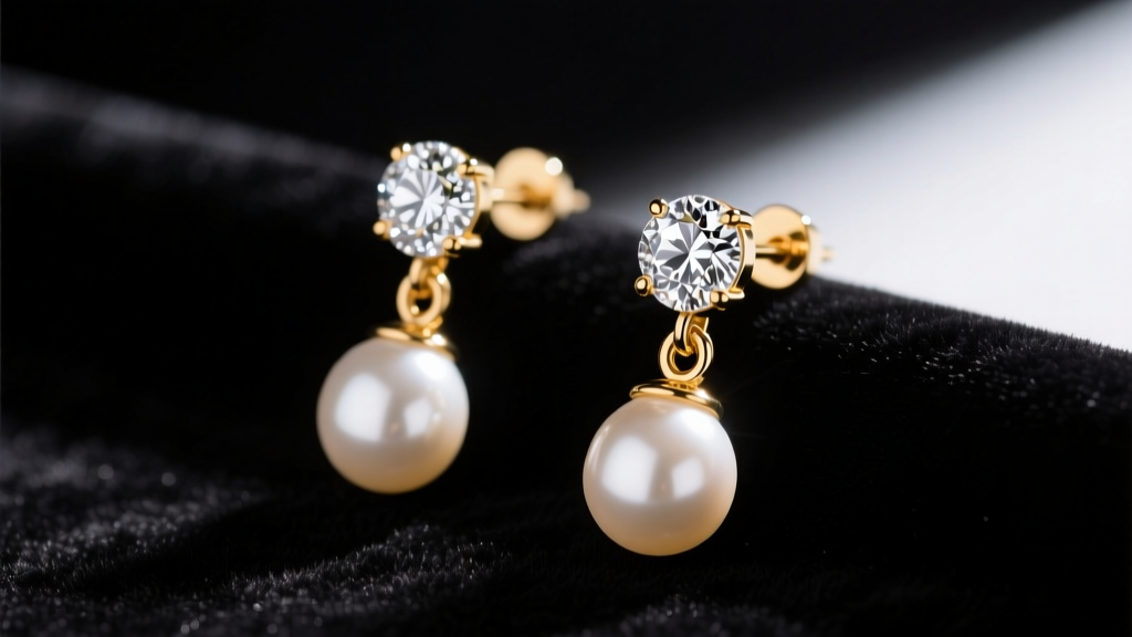 Macro shot of diamond pearl drop earrings on black velvet, highlighting the gold articulation jump ring and diamond pavé cap.