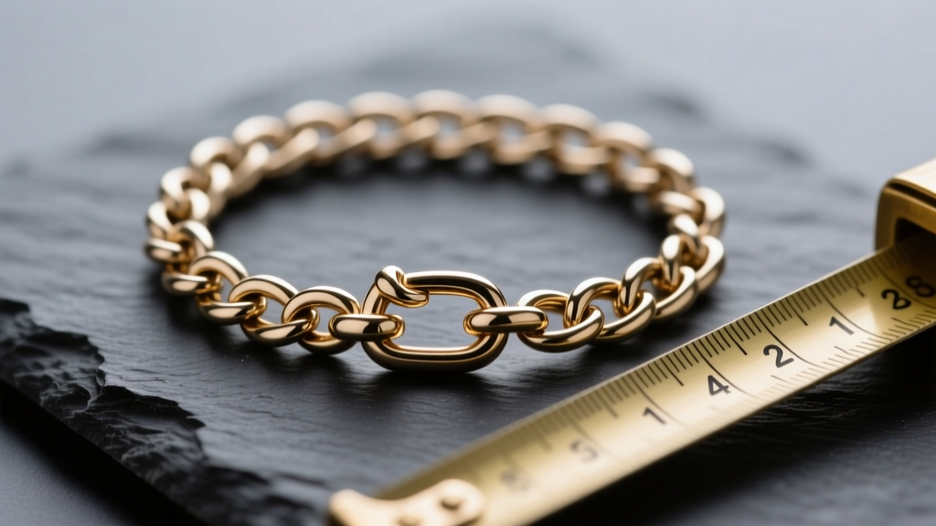 Close-up macro shot of a 3mm wide Cuban link chain with a lobster clasp on a dark slate surface next to a brass measuring tape