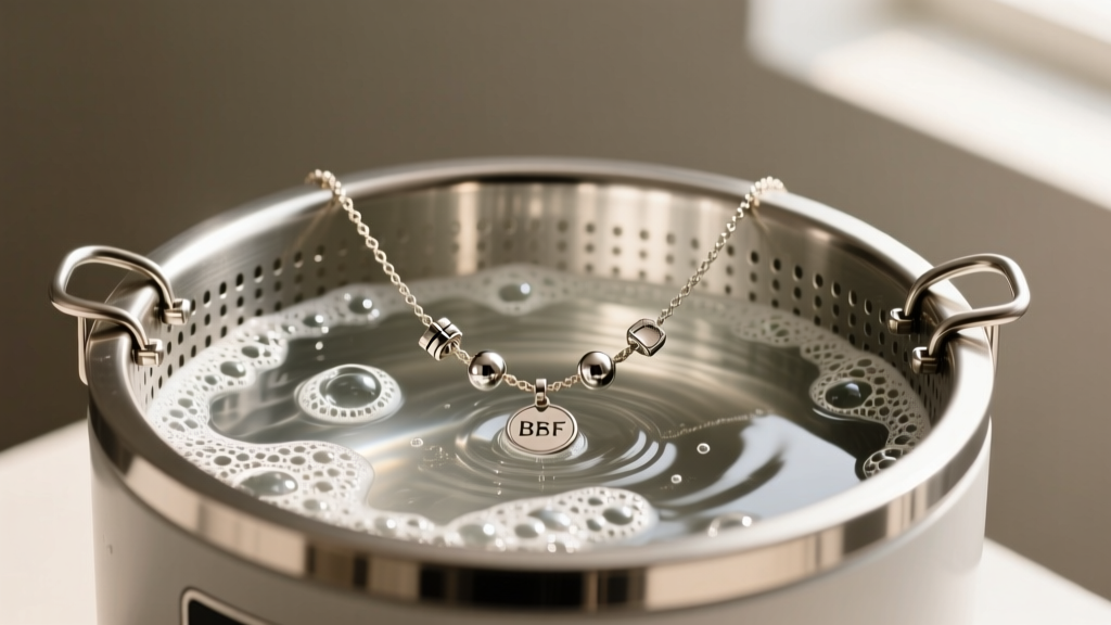Jeweler ultrasonic cleaner basket holding a disassembled magnetic BFF necklace, with gentle cavitation bubbles visible in water.