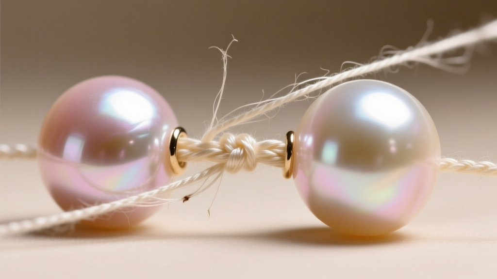 Macro shot of frayed silk thread between two large freshwater pearls showing restringing needs, illuminated by warm side lighting