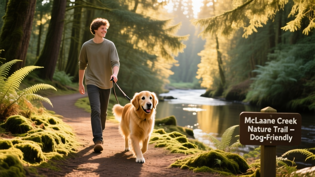 A person walking their golden retriever along a forested trail at McLane Creek Nature Trail