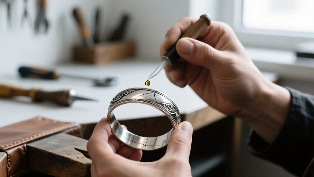 Jeweler applying nitric acid solution to a discreet scratch mark on a vintage silver bangle bracelet to verify the metal purity