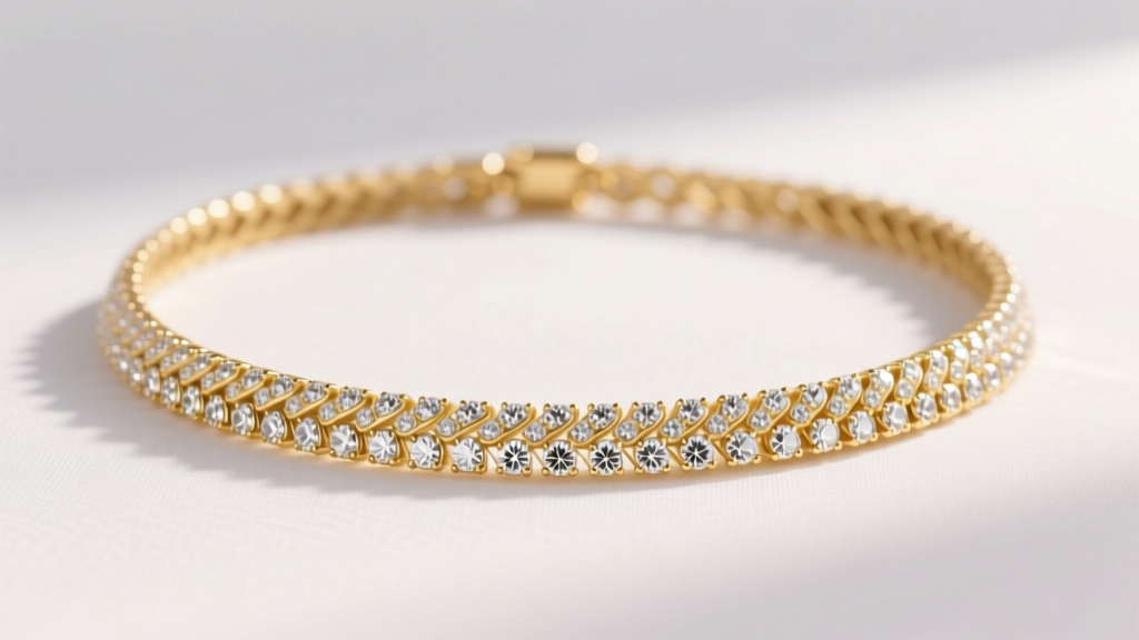 Flat 14k gold herringbone necklace featuring a continuous row of micro-pave round diamonds reflecting soft, warm studio lighting.