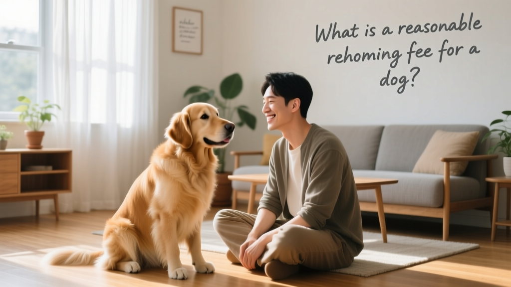 A calm, well-groomed dog sitting beside a smiling adult in a sunlit living room