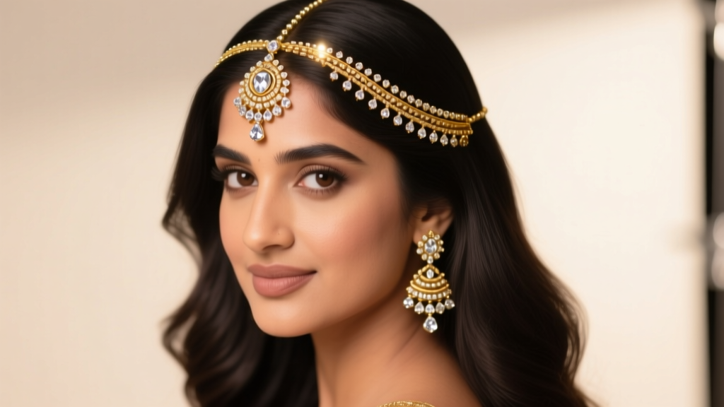 Bride wearing an intricate gold and uncut diamond Maang Tikka resting on her center hair parting under soft, warm studio lighting