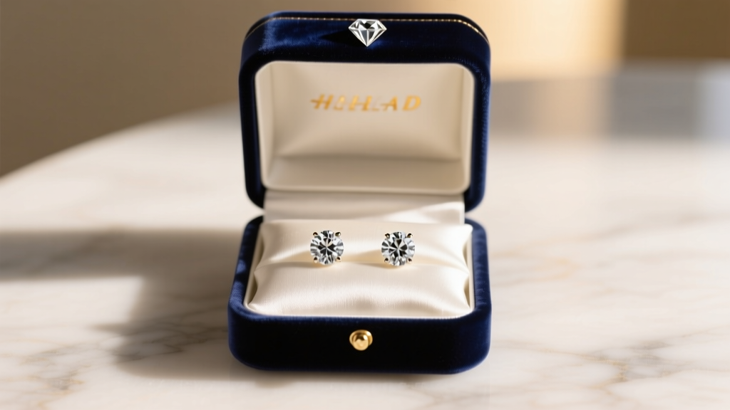 Navy velvet diamond earring box on marble, displaying two round diamond studs resting on a white silk pillow under warm lighting.