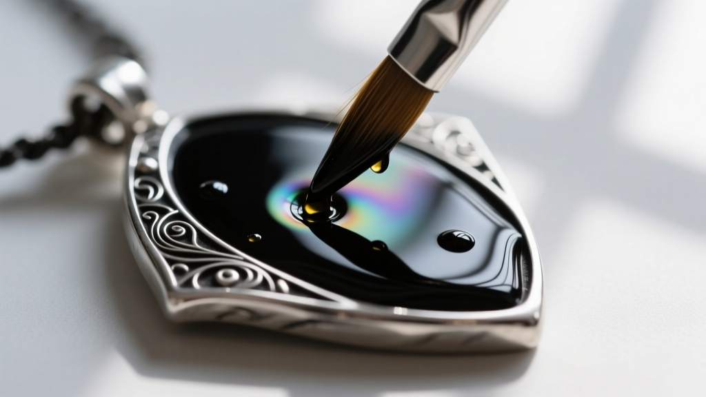 Macro shot of a brush applying liver of sulfur to a 925 silver witchy pendant, highlighting the dark blackened metal crevices.