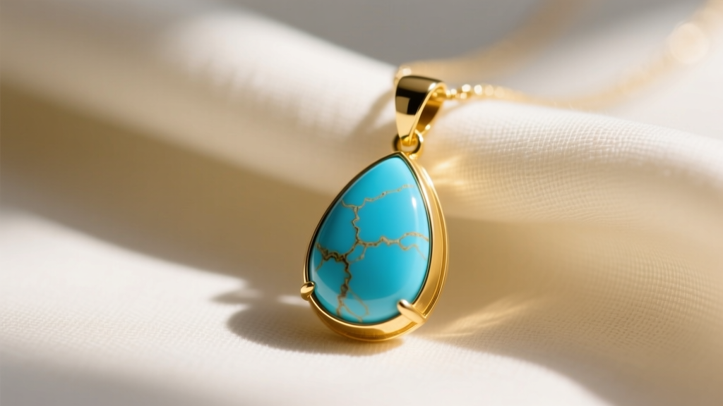 14k yellow gold pendant featuring a smooth teardrop Sleeping Beauty turquoise stone resting on soft cream linen fabric background