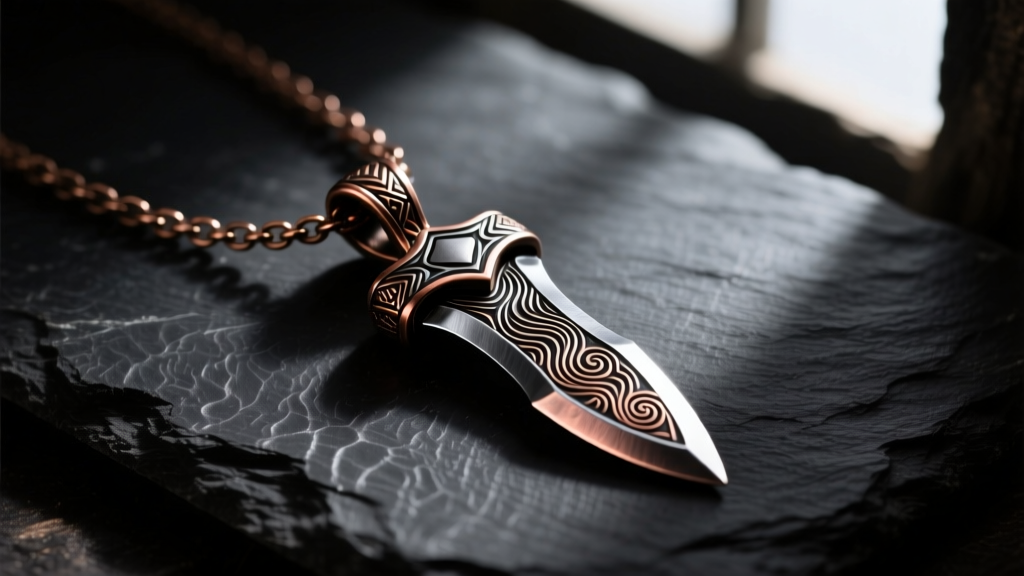 Hand-forged Damascus steel Mjolnir Thor necklace pendant resting on dark slate with dramatic side lighting and sharp focus