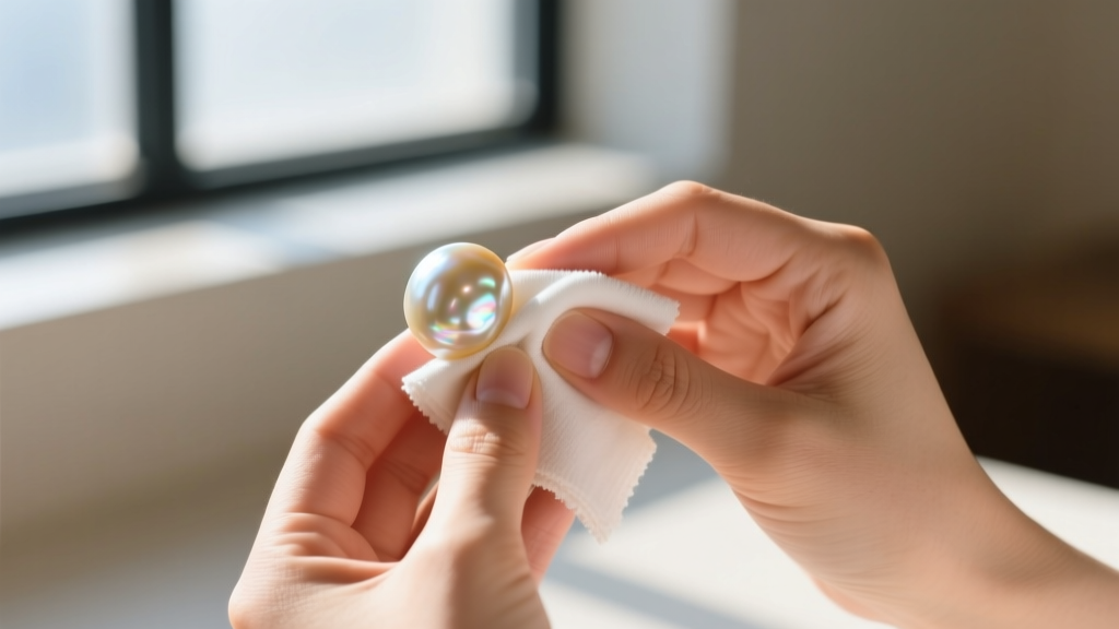 Hands wiping a keshi pearl with a damp microfiber cloth, showing proper jewelry cleaning technique in bright natural daylight.
