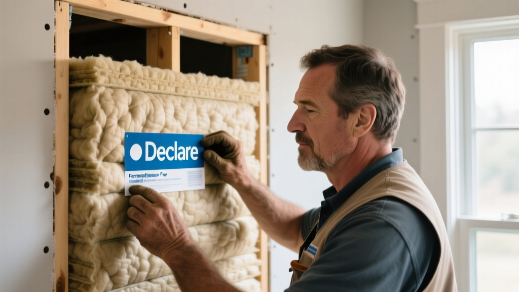 Close-up of a contractor reviewing a Declare label on a stack of formaldehyde-free mineral wool insulation batts in a framed residential wall cavity