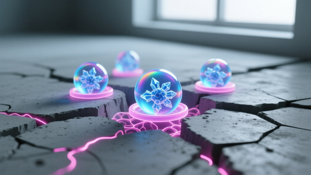 Close-up of synthetic polyrotaxane hydrogel capsules in fractured concrete glowing under UV light to demonstrate self-healing bio-polymers