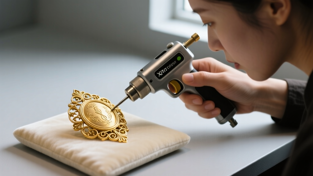 Jeweler using an XRF analyzer gun on a vintage gold brooch to verify metal purity against the faded maker's mark on the clasp