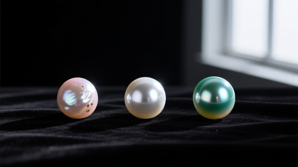 Three pearls side by side on black velvet: a blemished freshwater, a mid-grade Akoya, and a flawless mirror-like Hanadama pearl.