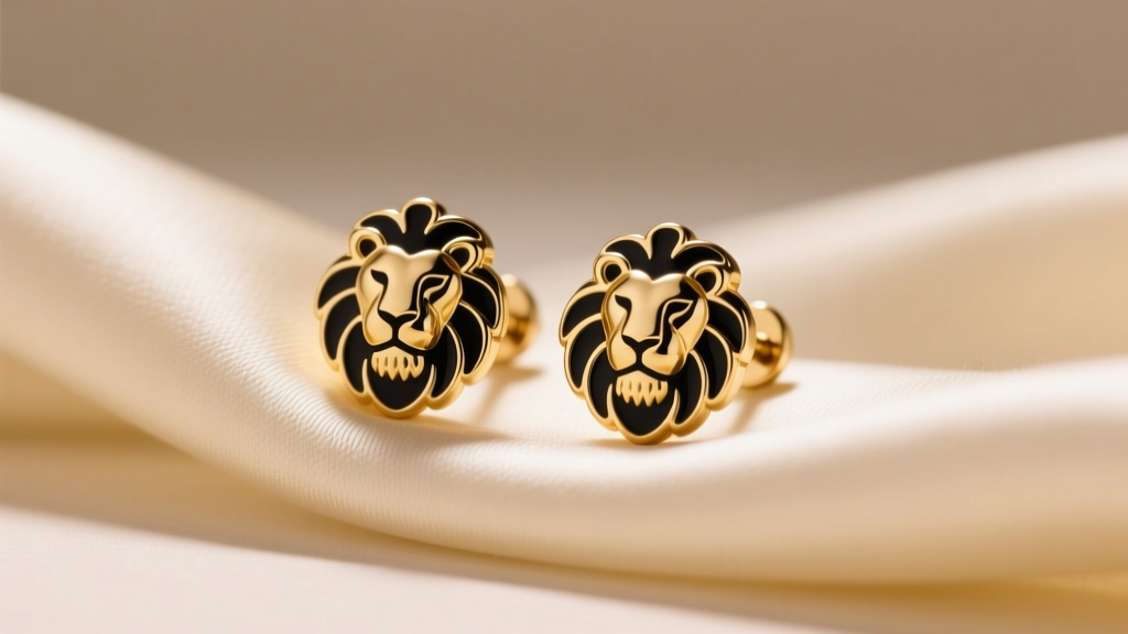 Gold-tone Anne Klein lion stud earrings with black enamel accents resting on cream silk in warm studio light.
