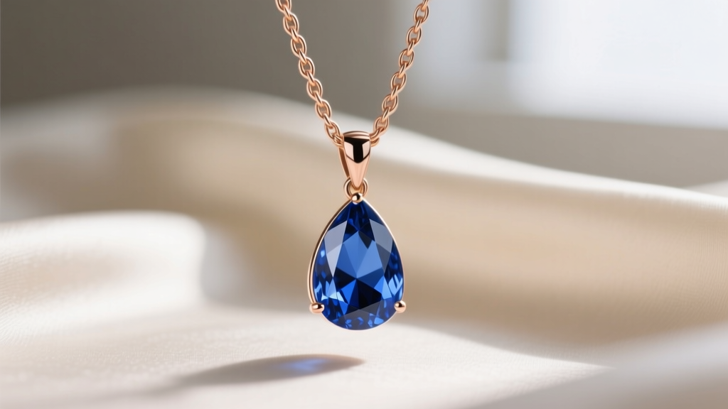 Side profile of a 14k rose gold cable chain holding a pear-shaped sapphire drop pendant against a blurred cream silk background.