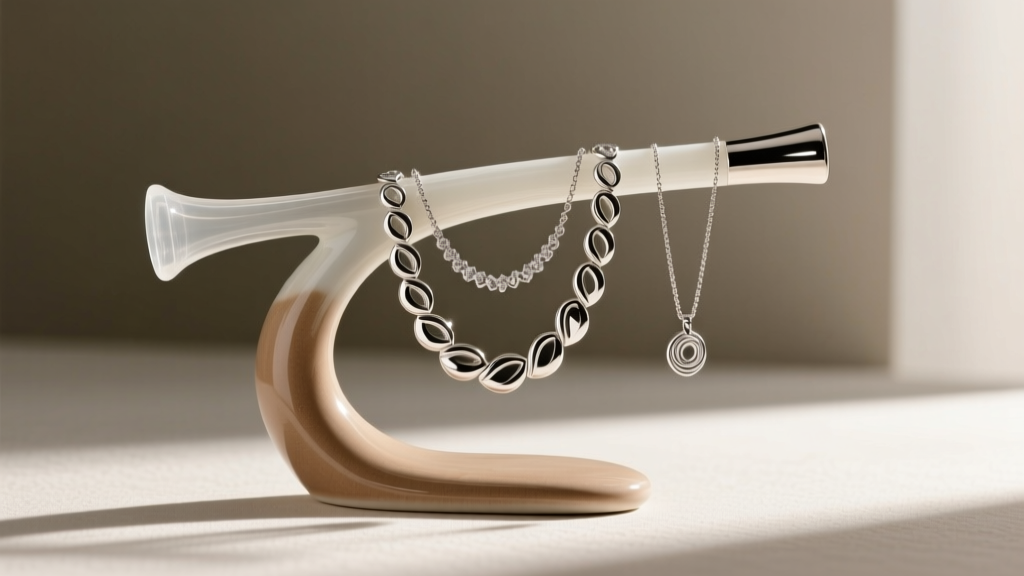 Wand-shaped ceramic jewelry stand base modified with clear museum wax to prevent tipping from the weight of heavy silver necklaces.